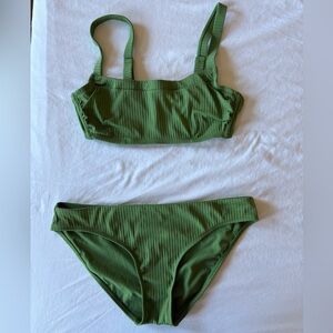 Green Ribbed Bikini with Gold Accents